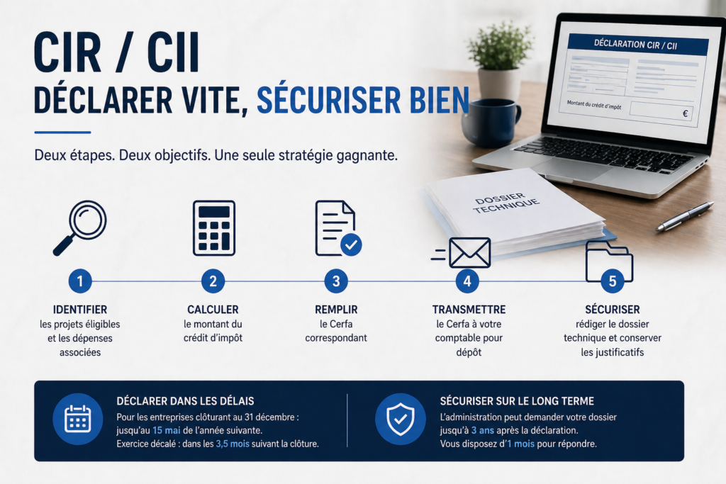 declaration rapide CIR CII et securisation du credit impot avec etapes de calcul et dossier technique