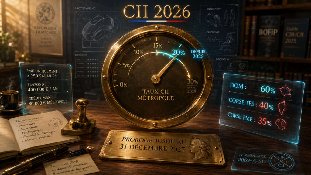 Illustration conceptuelle du Crédit d’Impôt Innovation 2026 montrant un cadran fiscal indiquant le passage du taux CII métropole de 30 % à 20 %, avec les paramètres clés du dispositif pour les PME.