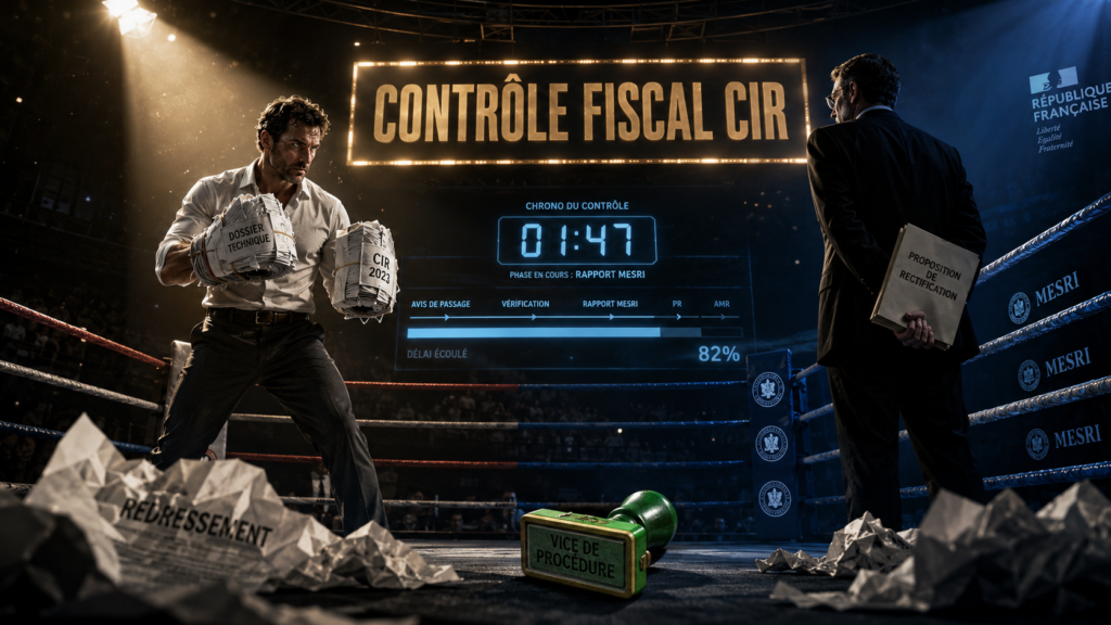 Entrepreneur affrontant un contrôle fiscal CIR dans un ring de boxe face à un inspecteur fiscal et une proposition de rectification.