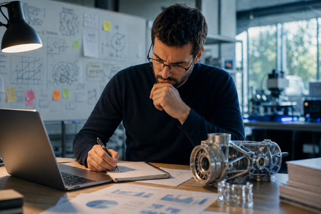 analyse prefinancement CIR et gestion tresorerie R&D avec ingenieur evaluant des documents techniques