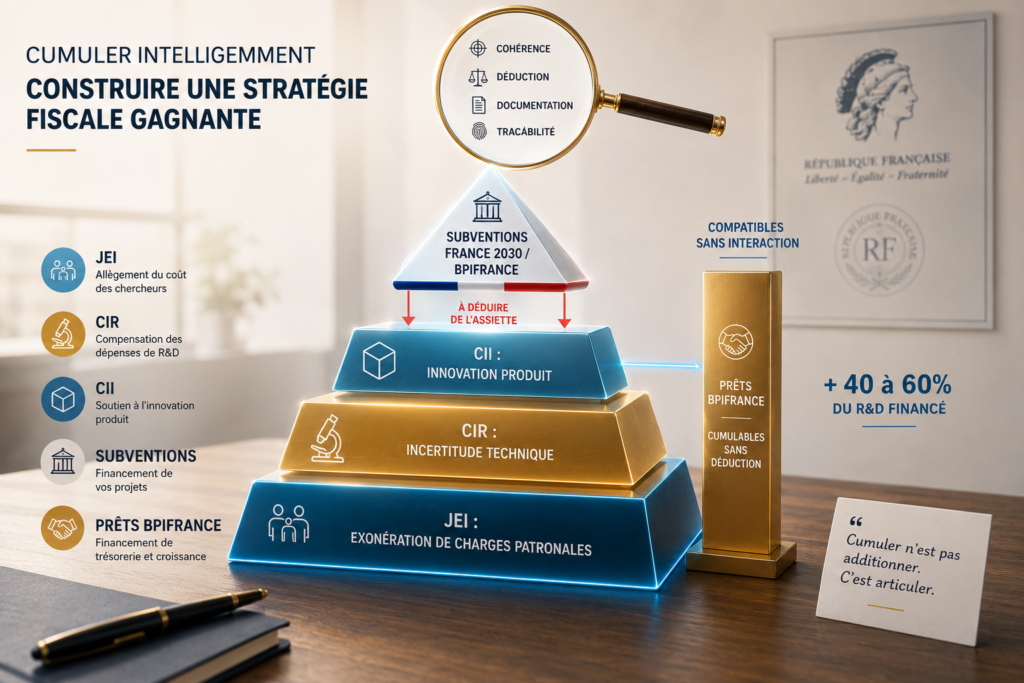 Illustration conceptuelle d’une stratégie de cumul entre JEI, CIR, CII, subventions France 2030 et prêts Bpifrance